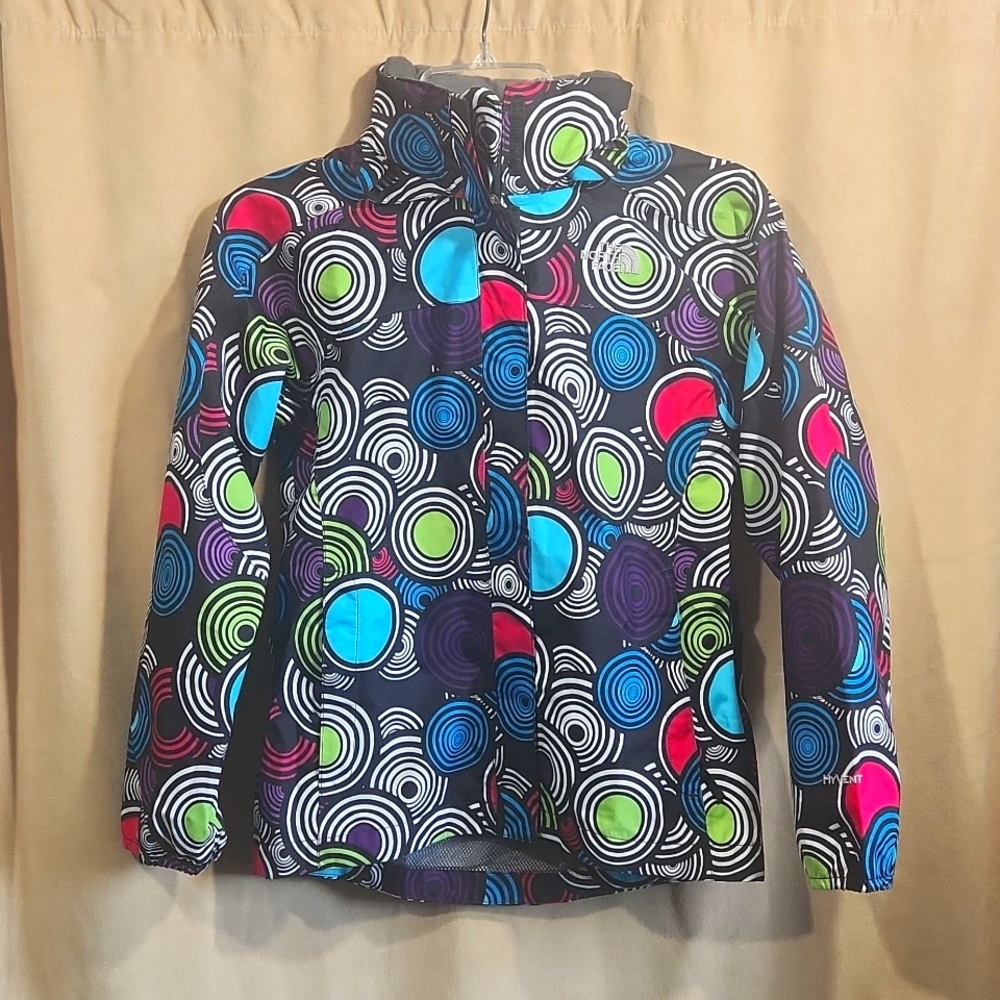 THE NORTH FACE girls hyvent jacket M black circle print hooded raincoat 10/12